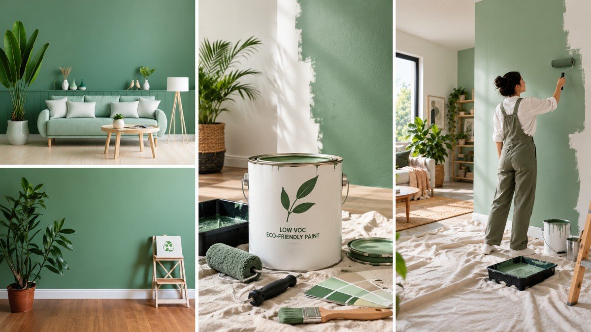 Eco-friendly paint options in a green, sustainable home interior.